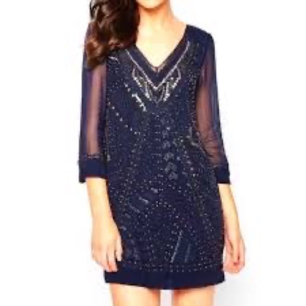 French Connection Beaded Shift Dress Sheer Back Navy Blue Size 8 Party Evening